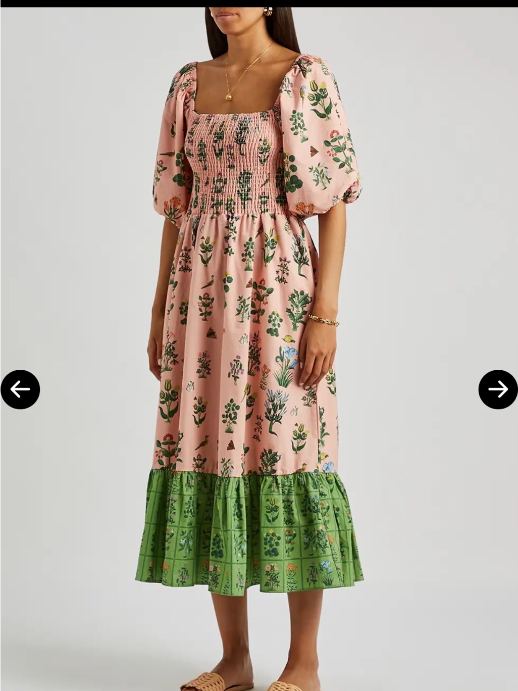 Rhode Eloise Cotton Pink & Green Floral Midi Dress With Smocked Bodice